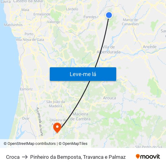 Croca to Pinheiro da Bemposta, Travanca e Palmaz map