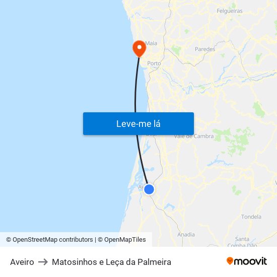 Aveiro to Matosinhos e Leça da Palmeira map