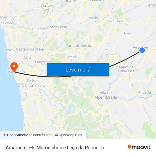 Amarante to Matosinhos e Leça da Palmeira map