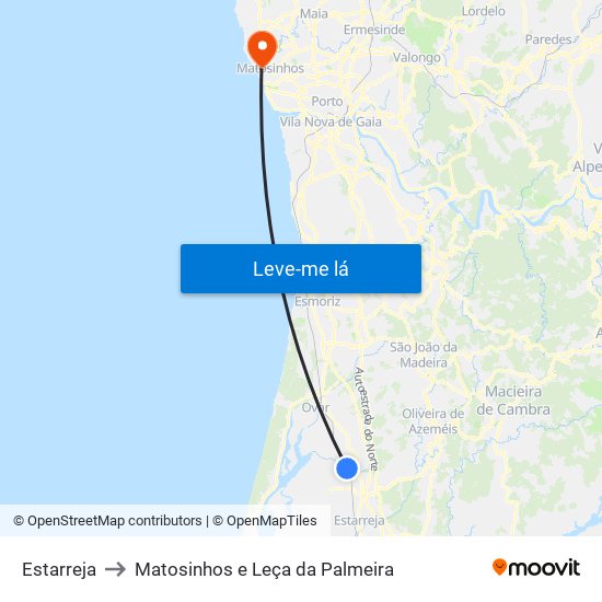 Estarreja to Matosinhos e Leça da Palmeira map