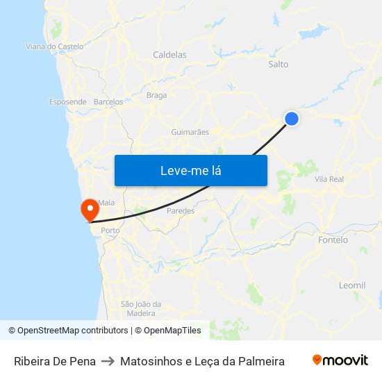 Ribeira De Pena to Matosinhos e Leça da Palmeira map