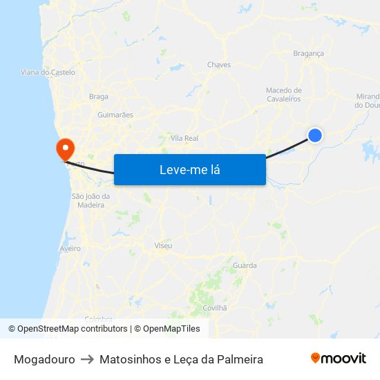 Mogadouro to Matosinhos e Leça da Palmeira map
