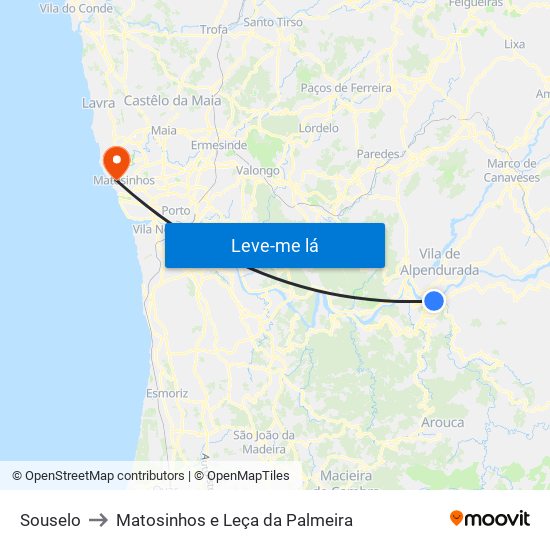 Souselo to Matosinhos e Leça da Palmeira map