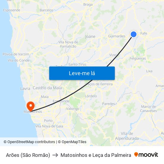 Arões (São Romão) to Matosinhos e Leça da Palmeira map