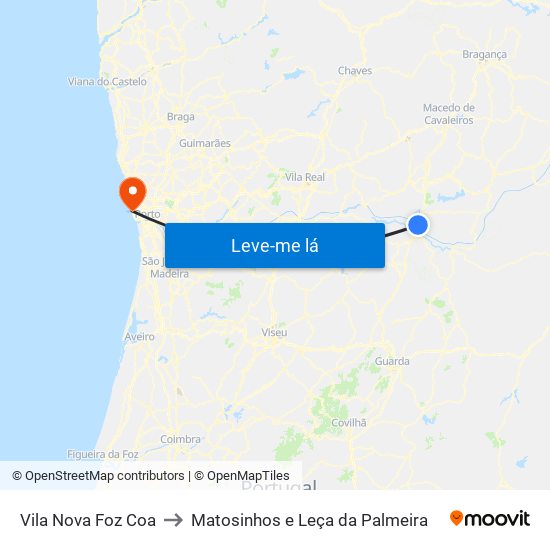 Vila Nova Foz Coa to Matosinhos e Leça da Palmeira map