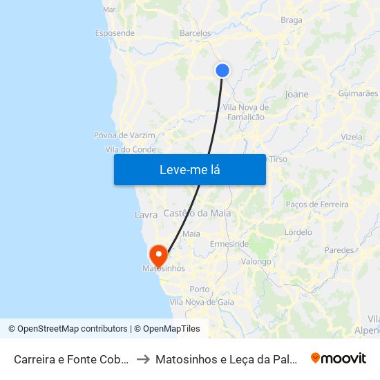 Carreira e Fonte Coberta to Matosinhos e Leça da Palmeira map