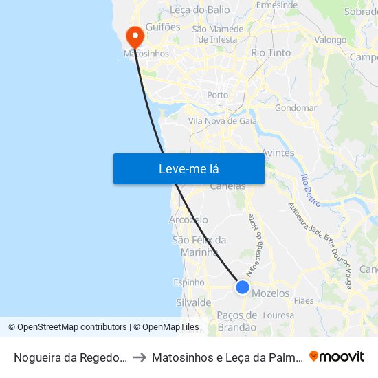 Nogueira da Regedoura to Matosinhos e Leça da Palmeira map