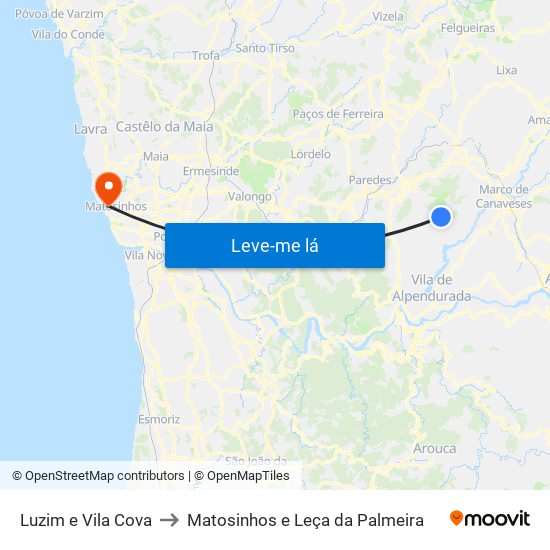 Luzim e Vila Cova to Matosinhos e Leça da Palmeira map