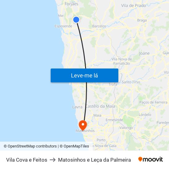 Vila Cova e Feitos to Matosinhos e Leça da Palmeira map