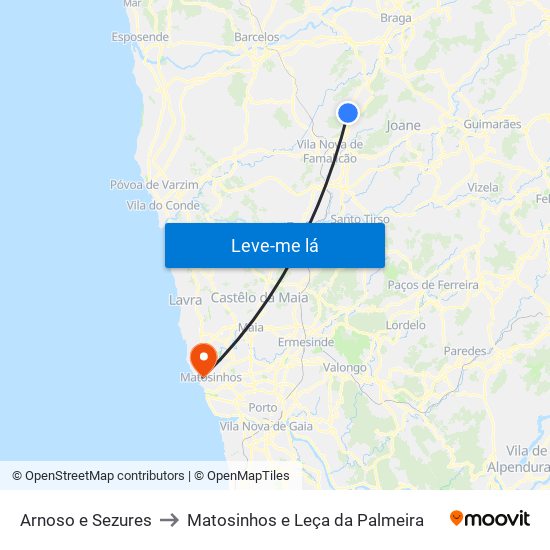 Arnoso e Sezures to Matosinhos e Leça da Palmeira map