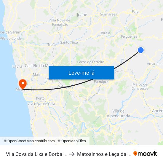 Vila Cova da Lixa e Borba de Godim to Matosinhos e Leça da Palmeira map