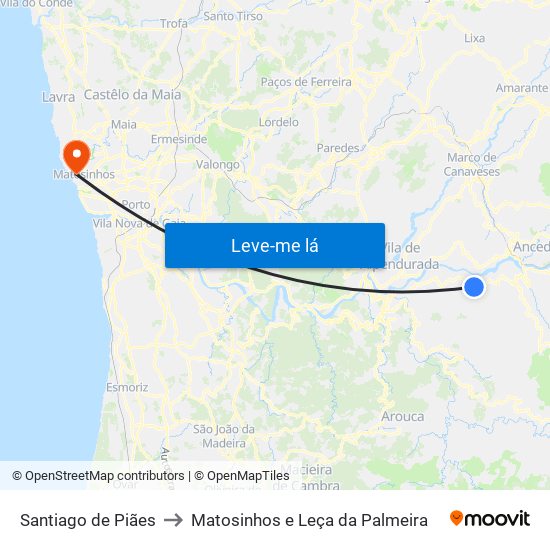 Santiago de Piães to Matosinhos e Leça da Palmeira map