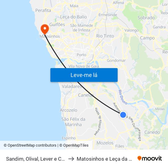 Sandim, Olival, Lever e Crestuma to Matosinhos e Leça da Palmeira map