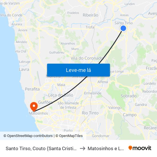 Santo Tirso, Couto (Santa Cristina e São Miguel) e Burgães to Matosinhos e Leça da Palmeira map