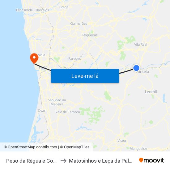 Peso da Régua e Godim to Matosinhos e Leça da Palmeira map