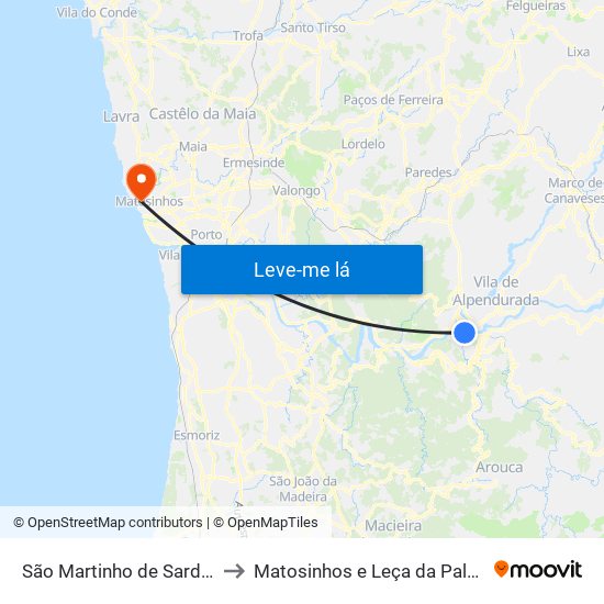 São Martinho de Sardoura to Matosinhos e Leça da Palmeira map