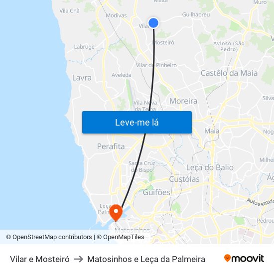 Vilar e Mosteiró to Matosinhos e Leça da Palmeira map