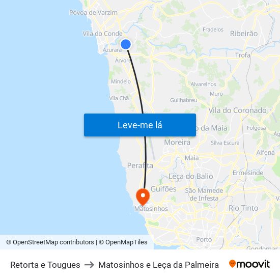 Retorta e Tougues to Matosinhos e Leça da Palmeira map