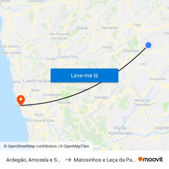 Ardegão, Arnozela e Seidões to Matosinhos e Leça da Palmeira map