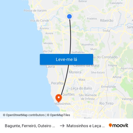 Bagunte, Ferreiró, Outeiro Maior e Parada to Matosinhos e Leça da Palmeira map
