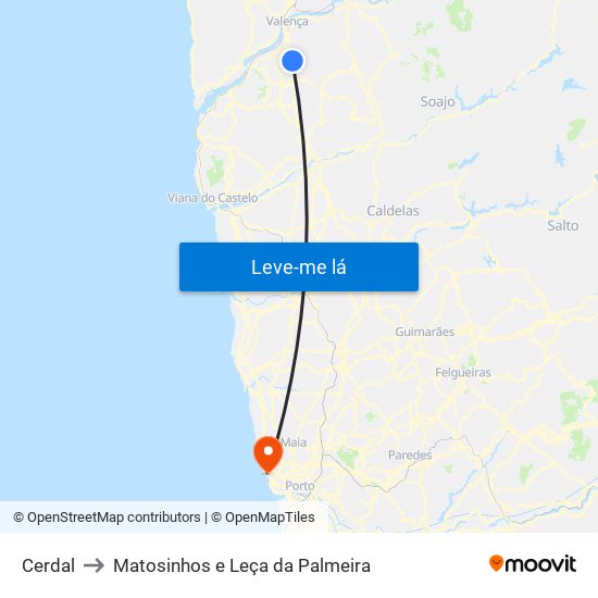 Cerdal to Matosinhos e Leça da Palmeira map