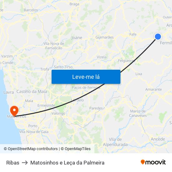 Ribas to Matosinhos e Leça da Palmeira map