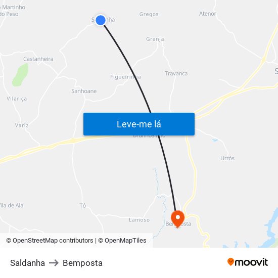 Saldanha to Bemposta map