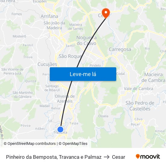 Pinheiro da Bemposta, Travanca e Palmaz to Cesar map