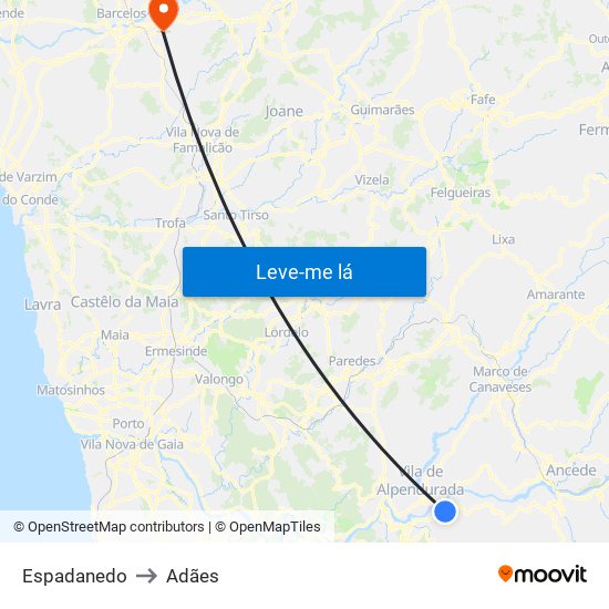 Espadanedo to Adães map