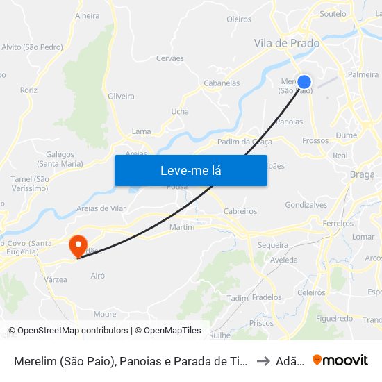 Merelim (São Paio), Panoias e Parada de Tibães to Adães map