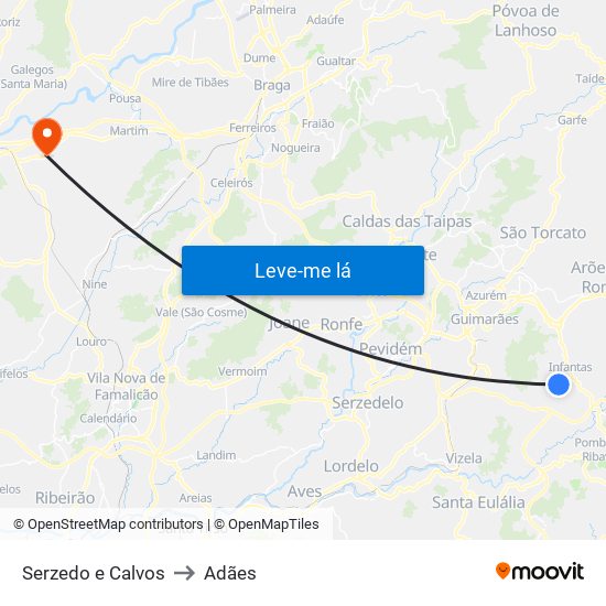 Serzedo e Calvos to Adães map