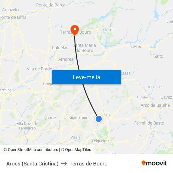 Arões (Santa Cristina) to Terras de Bouro map