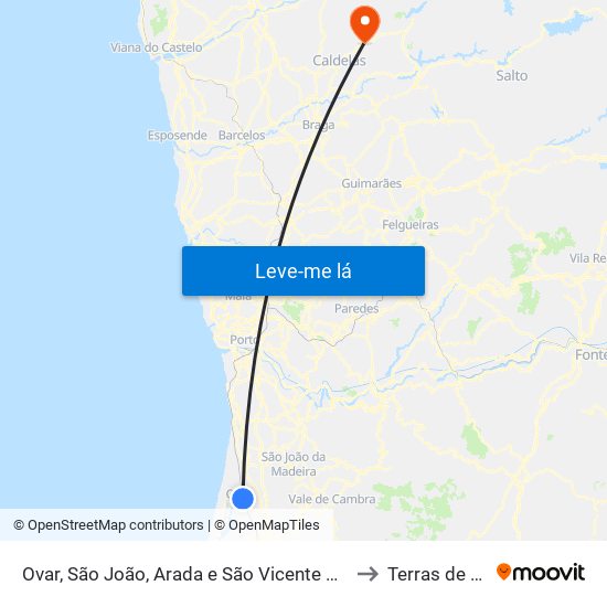 Ovar, São João, Arada e São Vicente de Pereira Jusã to Terras de Bouro map