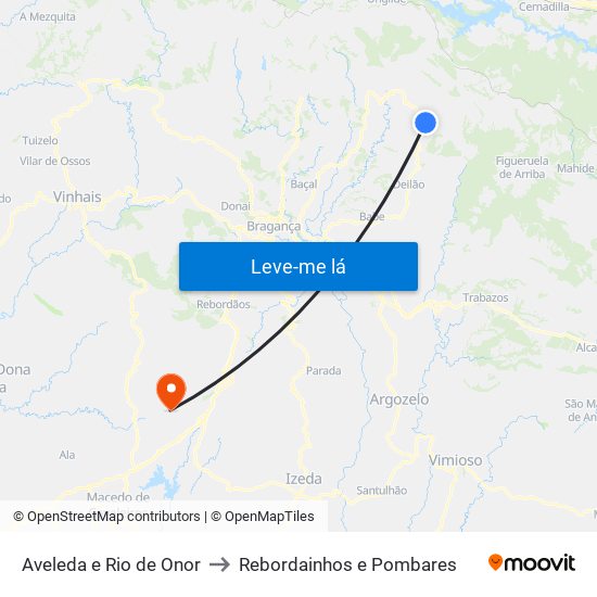 Aveleda e Rio de Onor to Rebordainhos e Pombares map