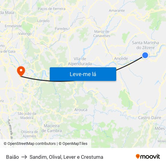 Baião to Sandim, Olival, Lever e Crestuma map