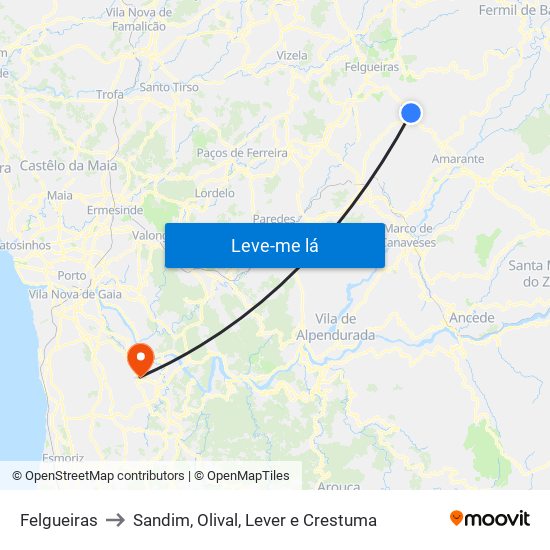 Felgueiras to Sandim, Olival, Lever e Crestuma map