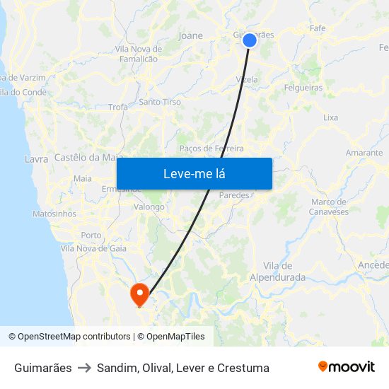 Guimarães to Sandim, Olival, Lever e Crestuma map