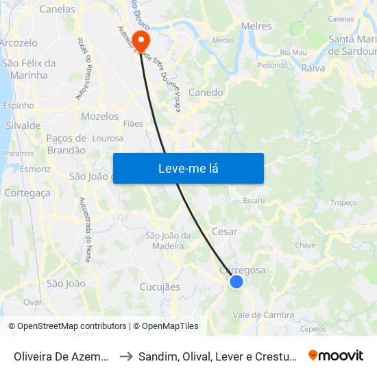 Oliveira De Azeméis to Sandim, Olival, Lever e Crestuma map