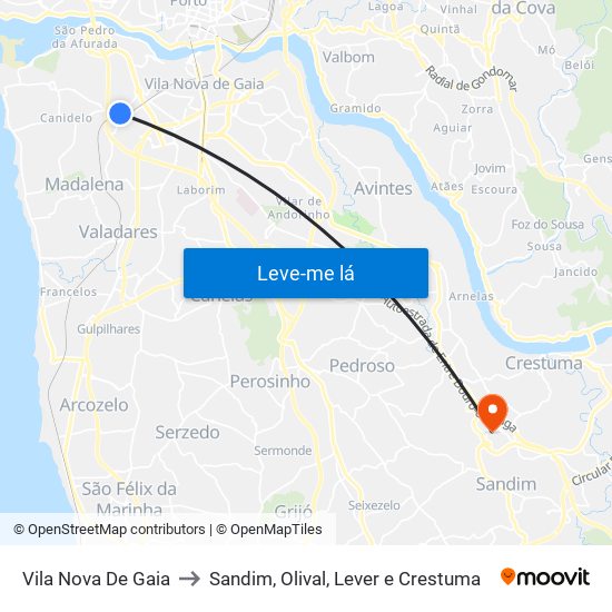 Vila Nova De Gaia to Sandim, Olival, Lever e Crestuma map
