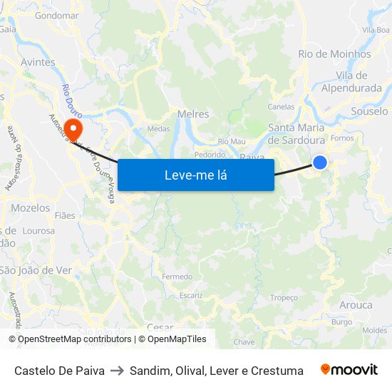 Castelo De Paiva to Sandim, Olival, Lever e Crestuma map