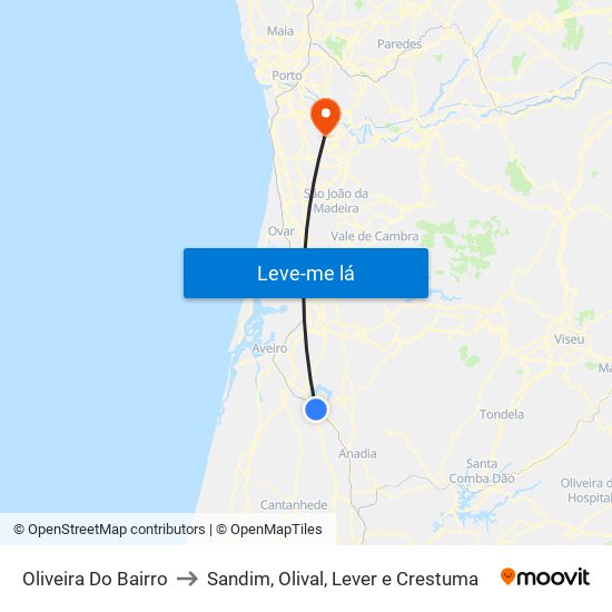 Oliveira Do Bairro to Sandim, Olival, Lever e Crestuma map