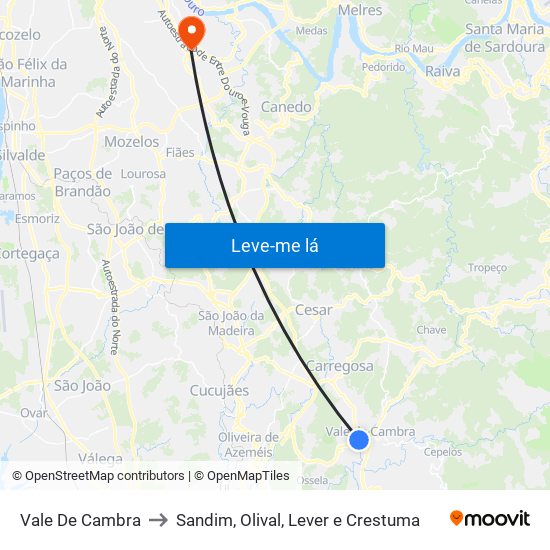 Vale De Cambra to Sandim, Olival, Lever e Crestuma map