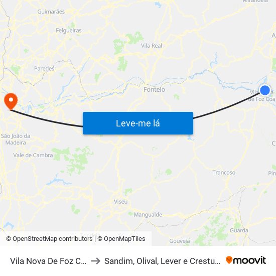Vila Nova De Foz Côa to Sandim, Olival, Lever e Crestuma map