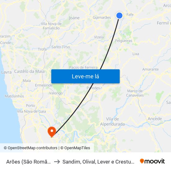 Arões (São Romão) to Sandim, Olival, Lever e Crestuma map