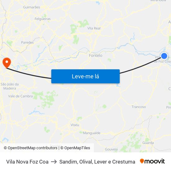 Vila Nova Foz Coa to Sandim, Olival, Lever e Crestuma map
