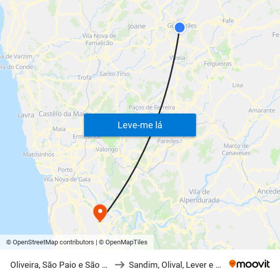 Oliveira, São Paio e São Sebastião to Sandim, Olival, Lever e Crestuma map