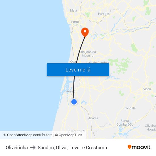 Oliveirinha to Sandim, Olival, Lever e Crestuma map