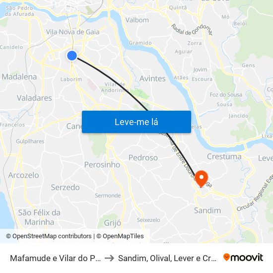 Mafamude e Vilar do Paraíso to Sandim, Olival, Lever e Crestuma map