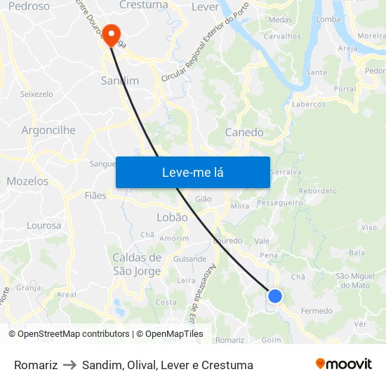 Romariz to Sandim, Olival, Lever e Crestuma map