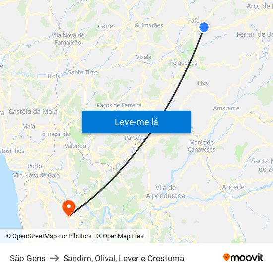 São Gens to Sandim, Olival, Lever e Crestuma map